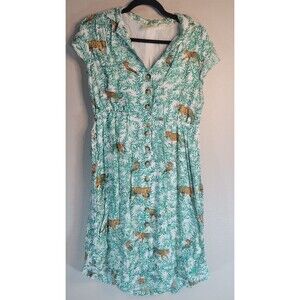 Maeve Anthropologie Safari Jungle Tiger Leopard Button Front Midi Dress 10P...